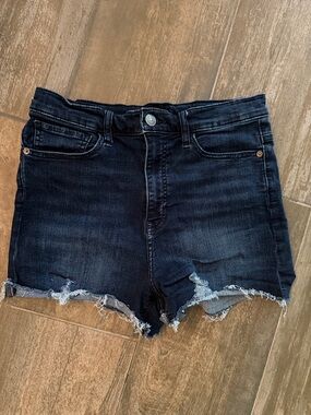 Express Dark Shortie Super High Rise Distressed Frayed Hem Denim Shorts